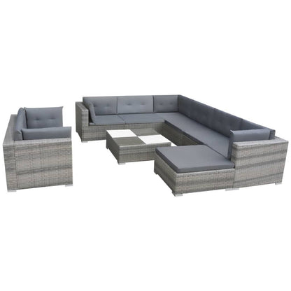 10 Piece Garden Lounge Set with Cushions Poly Rattan Grey - 69.5×69.5×52.5cm