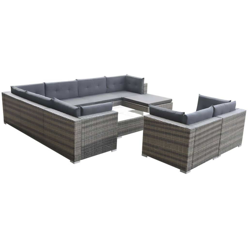 10 Piece Garden Lounge Set with Cushions Poly Rattan Grey - 69.5×69.5×52.5cm