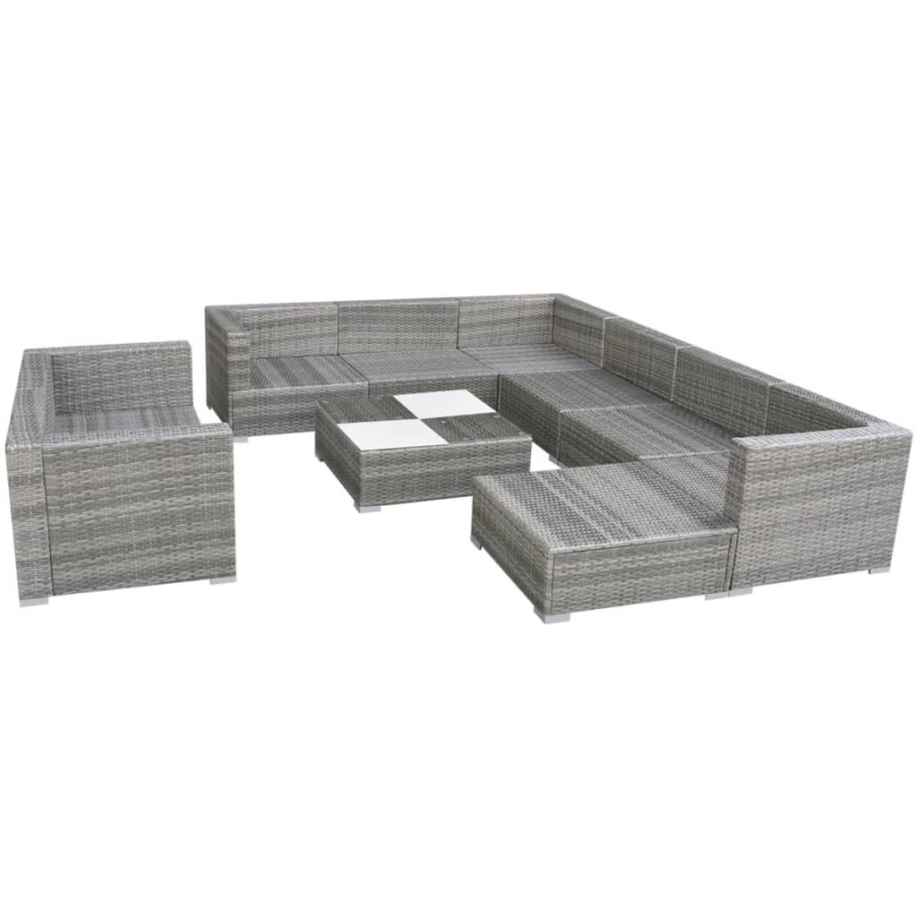 10 Piece Garden Lounge Set with Cushions Poly Rattan Grey - 69.5×69.5×52.5cm