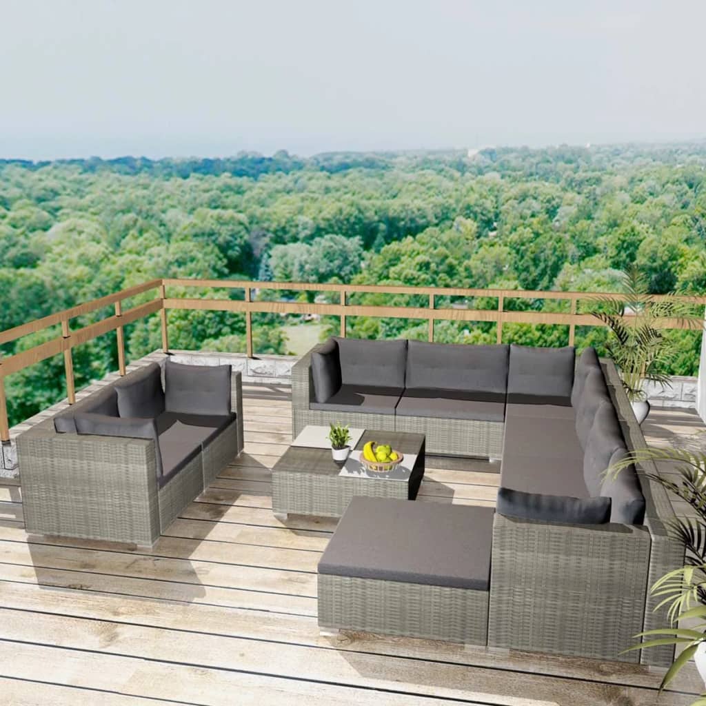 10 Piece Garden Lounge Set with Cushions Poly Rattan Grey - 69.5×69.5×52.5cm