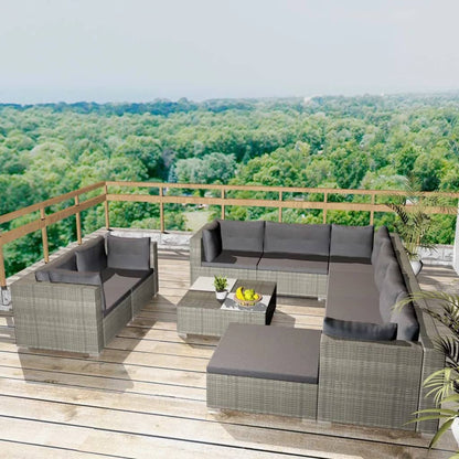 10 Piece Garden Lounge Set with Cushions Poly Rattan Grey - 69.5×69.5×52.5cm