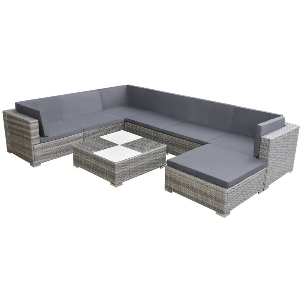 8 Piece Garden Lounge Set with Cushions Poly Rattan Grey - 69.5×69.5×52.5cm