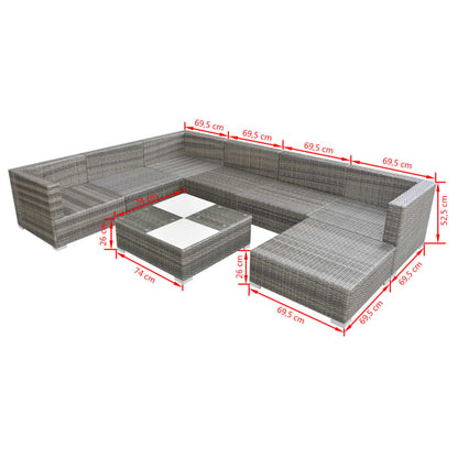 8 Piece Garden Lounge Set with Cushions Poly Rattan Grey - 69.5×69.5×52.5cm