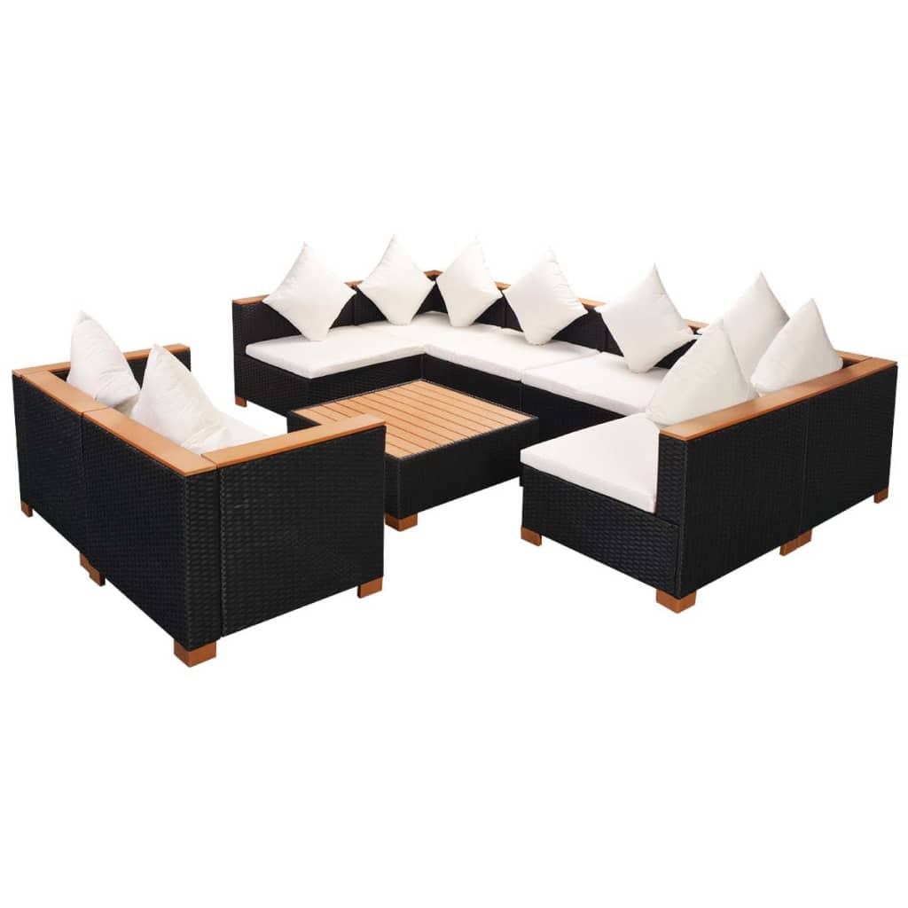9 Piece Garden Lounge Set with Cushions Poly Rattan Black - 69.5×69.5×57.5cm