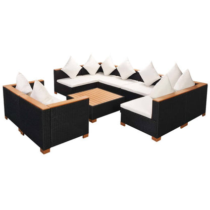 9 Piece Garden Lounge Set with Cushions Poly Rattan Black - 69.5×69.5×57.5cm