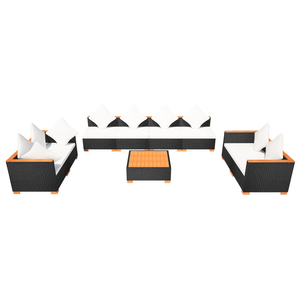 9 Piece Garden Lounge Set with Cushions Poly Rattan Black - 69.5×69.5×57.5cm