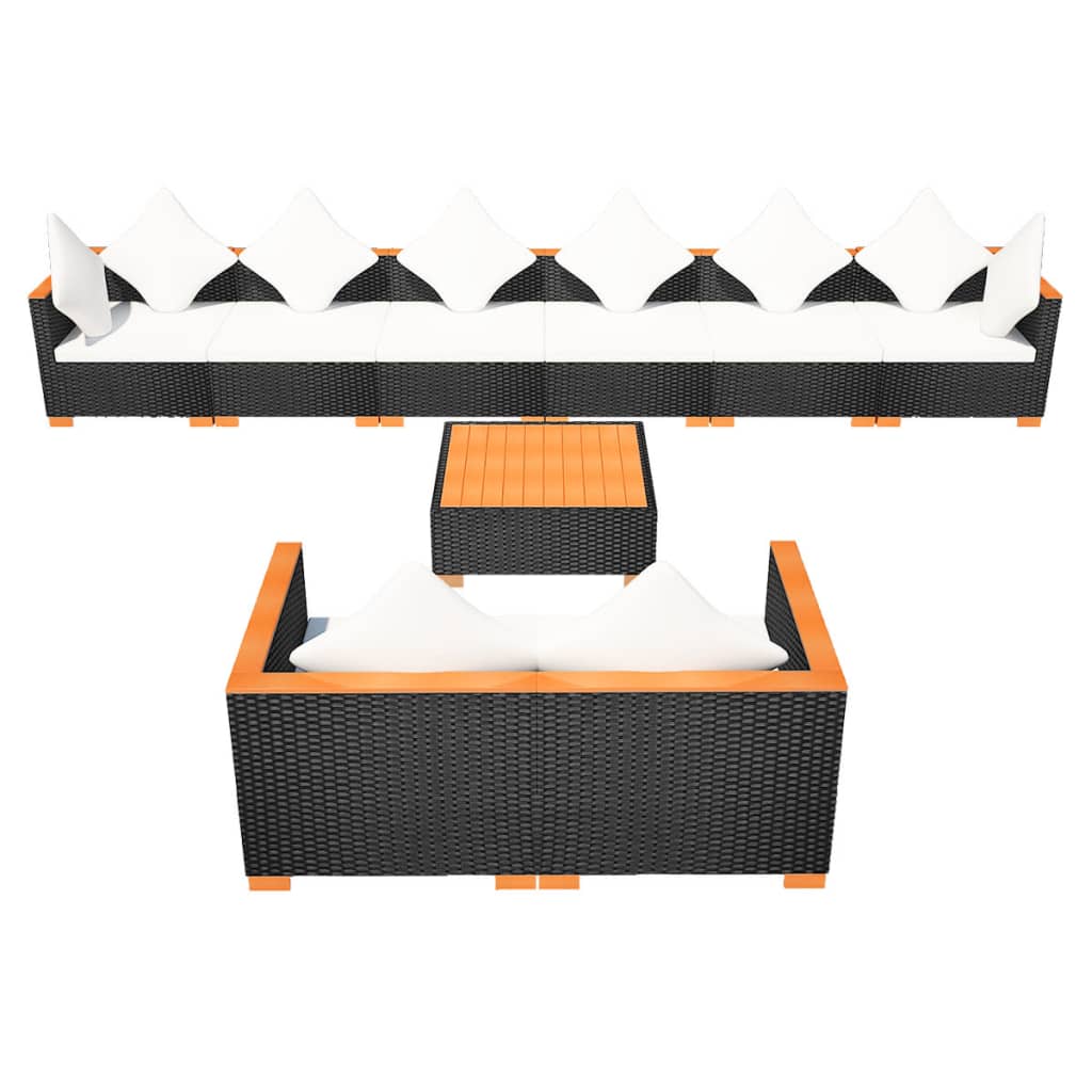 9 Piece Garden Lounge Set with Cushions Poly Rattan Black - 69.5×69.5×57.5cm