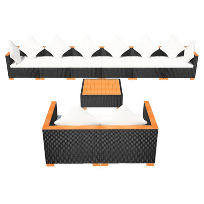 9 Piece Garden Lounge Set with Cushions Poly Rattan Black - 69.5×69.5×57.5cm