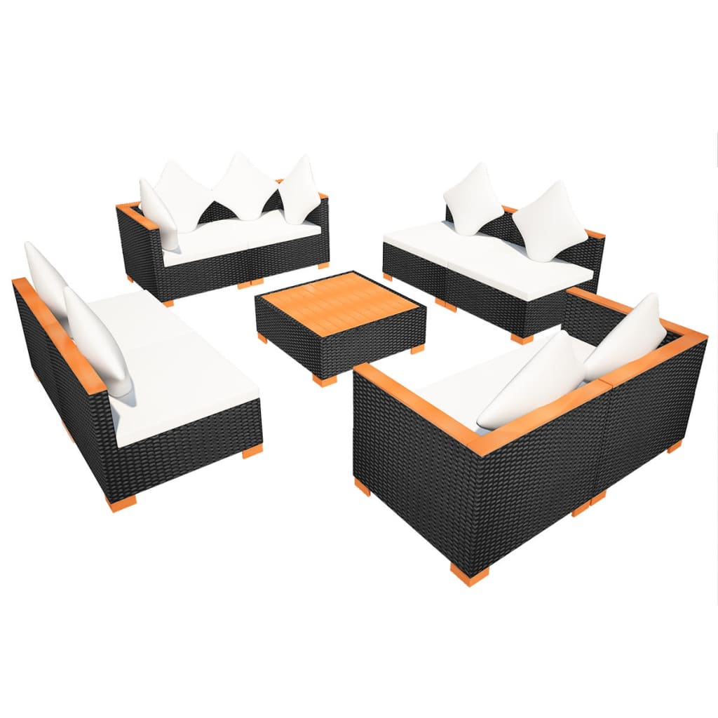 9 Piece Garden Lounge Set with Cushions Poly Rattan Black - 69.5×69.5×57.5cm