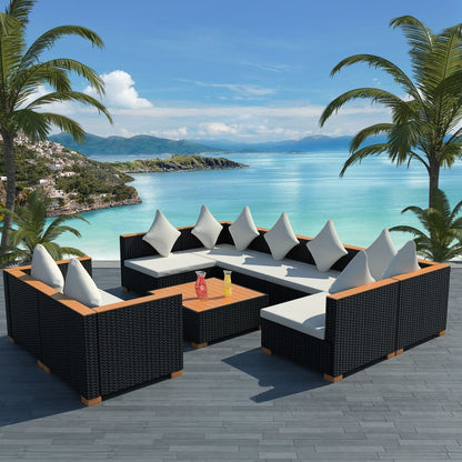 9 Piece Garden Lounge Set with Cushions Poly Rattan Black - 69.5×69.5×57.5cm