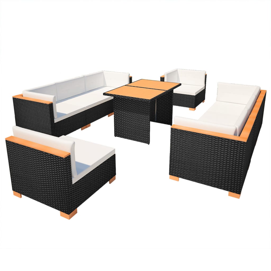 10 Piece Garden Lounge Set with Cushions Poly Rattan Black - 69.5×69.5×57.5cm
