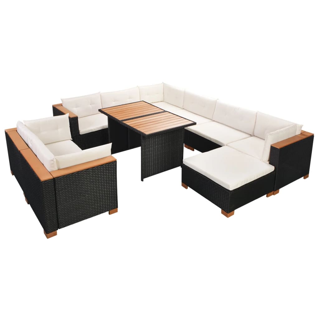 10 Piece Garden Lounge Set with Cushions Poly Rattan Black - 69.5×69.5×57.5cm