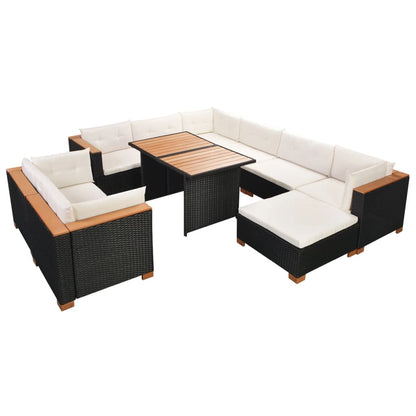10 Piece Garden Lounge Set with Cushions Poly Rattan Black - 69.5×69.5×57.5cm