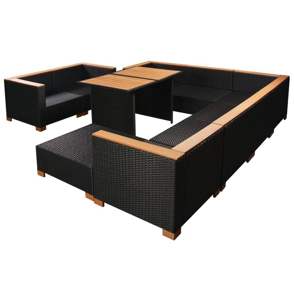 10 Piece Garden Lounge Set with Cushions Poly Rattan Black - 69.5×69.5×57.5cm