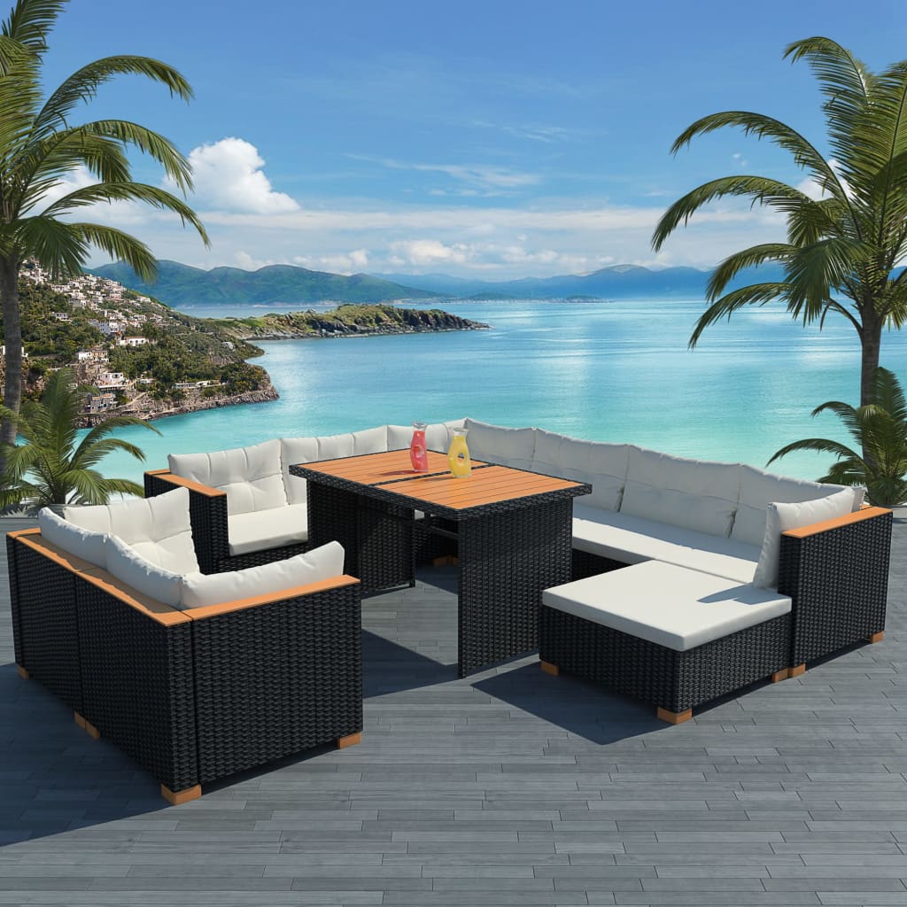 10 Piece Garden Lounge Set with Cushions Poly Rattan Black - 69.5×69.5×57.5cm