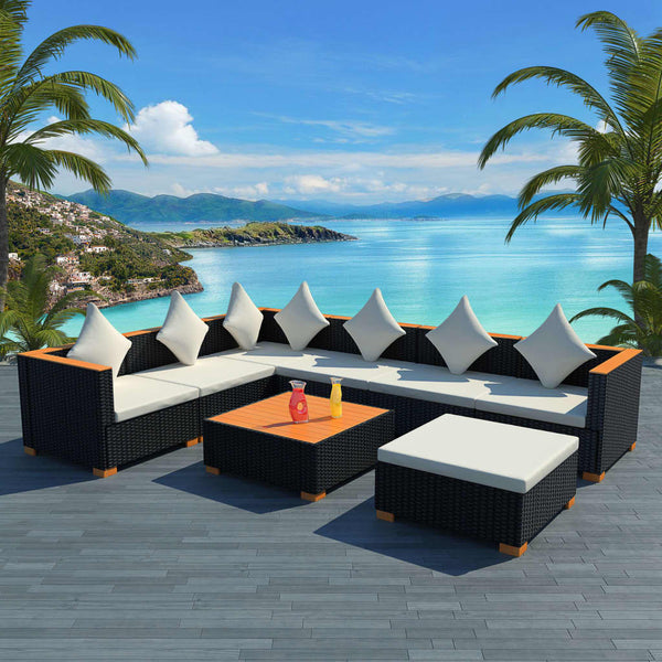  8 Piece Garden Lounge Set with Cushions Poly Rattan Black