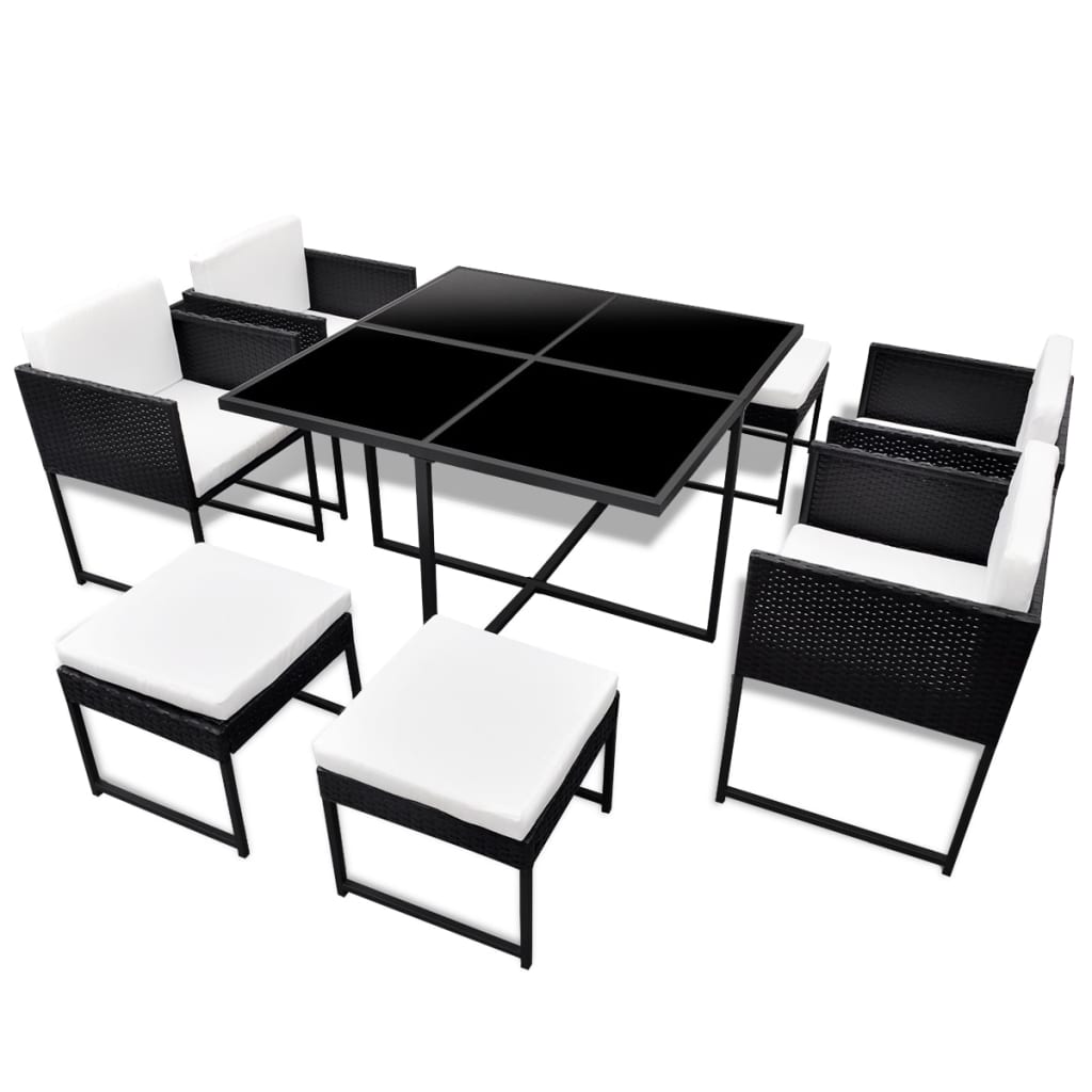 9 Piece Outdoor Dining Set with Cushions Poly Rattan Black - 52×52×67cm