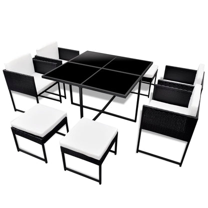 9 Piece Outdoor Dining Set with Cushions Poly Rattan Black - 52×52×67cm