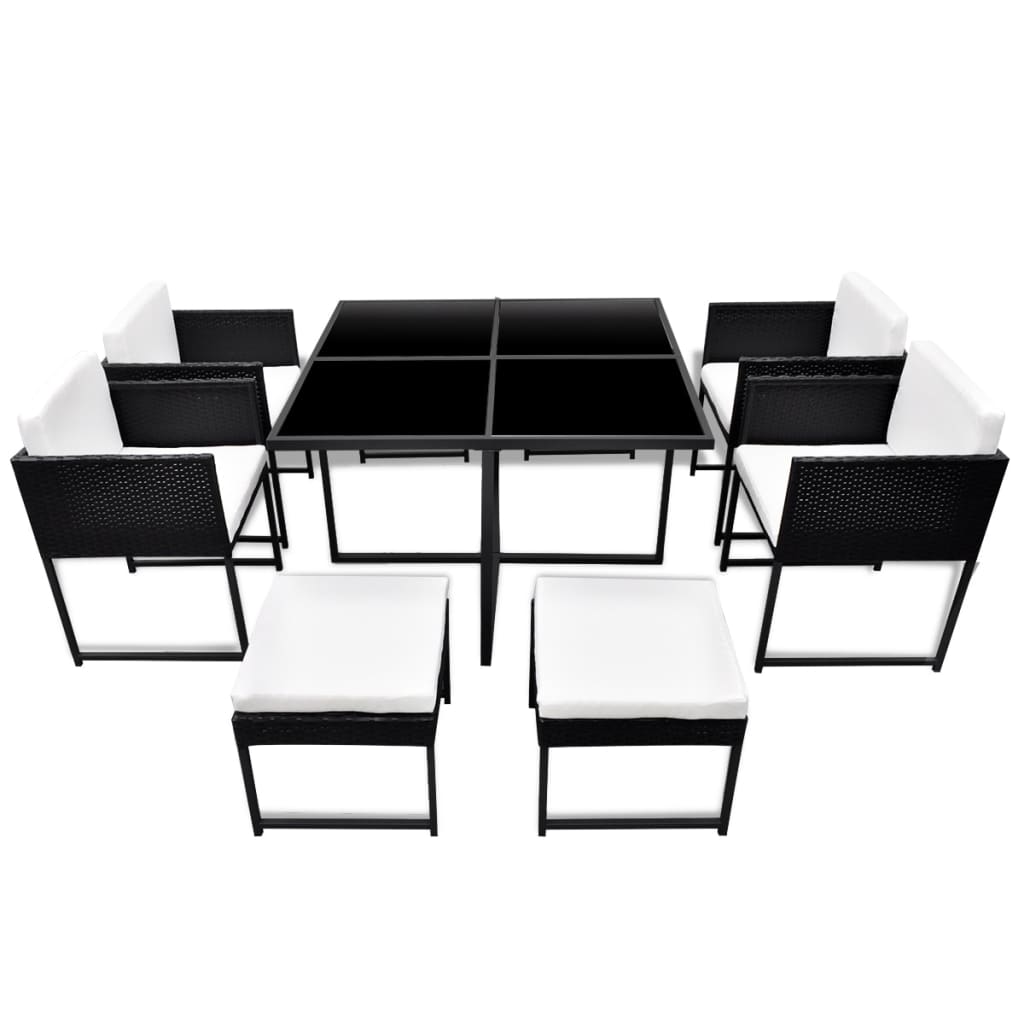 9 Piece Outdoor Dining Set with Cushions Poly Rattan Black - 52×52×67cm