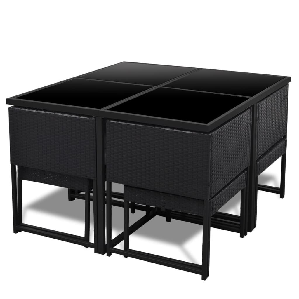 9 Piece Outdoor Dining Set with Cushions Poly Rattan Black - 52×52×67cm