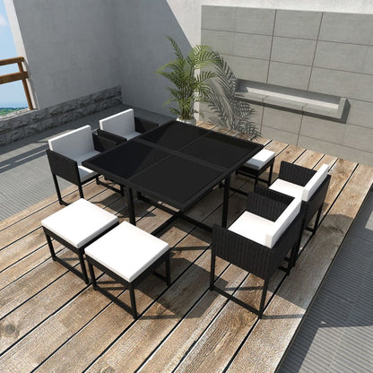 9 Piece Outdoor Dining Set with Cushions Poly Rattan Black - 52×52×67cm