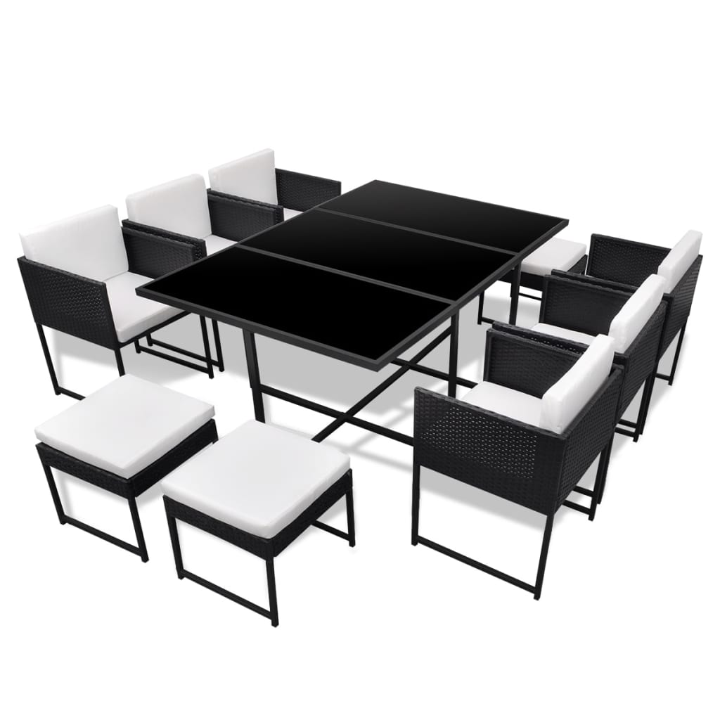 11 Piece Outdoor Dining Set with Cushions Poly Rattan Black - 52×52×67cm