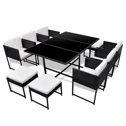 11 Piece Outdoor Dining Set with Cushions Poly Rattan Black - 52×52×67cm