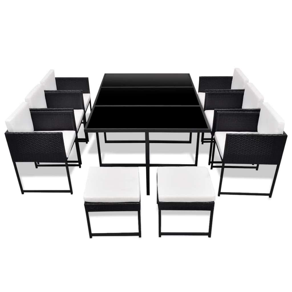 11 Piece Outdoor Dining Set with Cushions Poly Rattan Black - 52×52×67cm