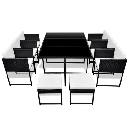 11 Piece Outdoor Dining Set with Cushions Poly Rattan Black - 52×52×67cm