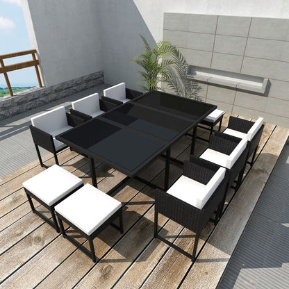 11 Piece Outdoor Dining Set with Cushions Poly Rattan Black - 52×52×67cm