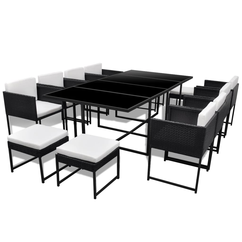13 Piece Outdoor Dining Set with Cushions Poly Rattan Black - 52×52×67cm