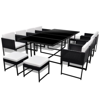 13 Piece Outdoor Dining Set with Cushions Poly Rattan Black - 52×52×67cm