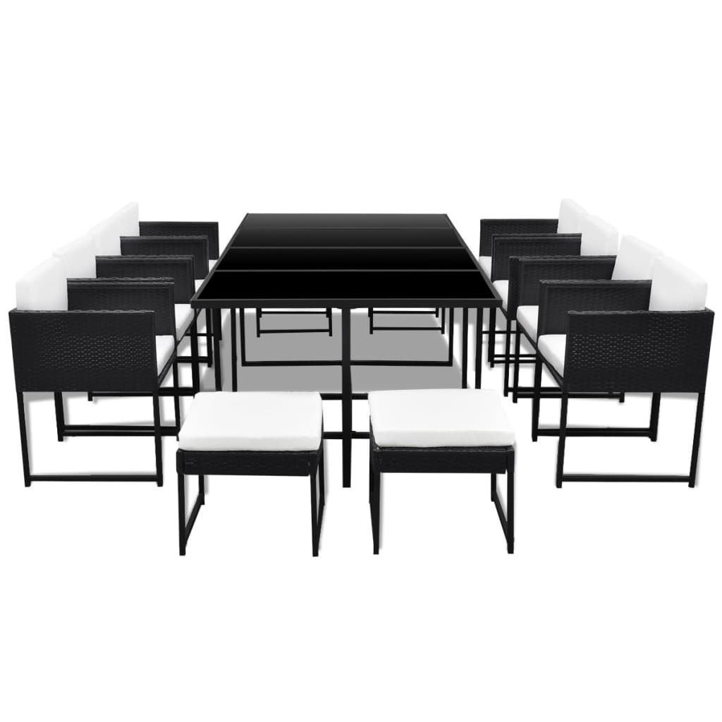 13 Piece Outdoor Dining Set with Cushions Poly Rattan Black - 52×52×67cm