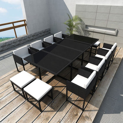 13 Piece Outdoor Dining Set with Cushions Poly Rattan Black - 52×52×67cm