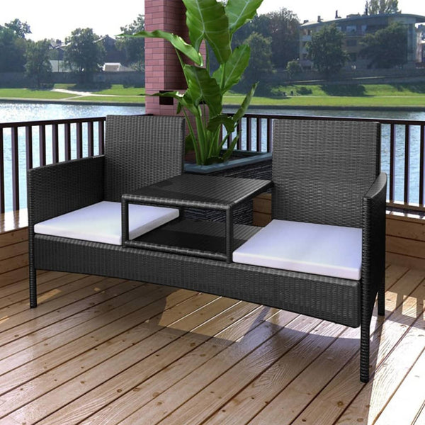  2-Seater Garden Sofa with Tea Table Poly Rattan Black