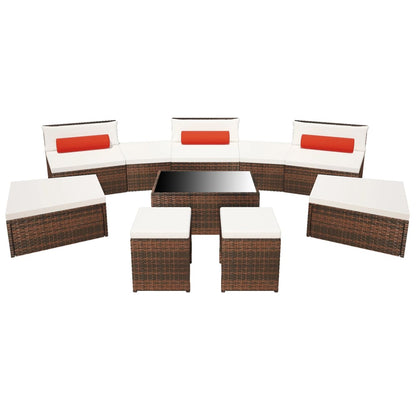 10 Piece Garden Lounge Set with Cushions Poly Rattan Brown - 78×70×62cm