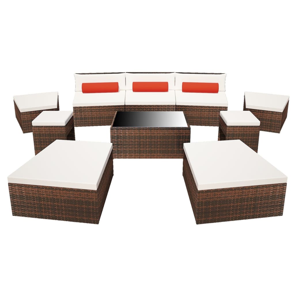 10 Piece Garden Lounge Set with Cushions Poly Rattan Brown - 78×70×62cm
