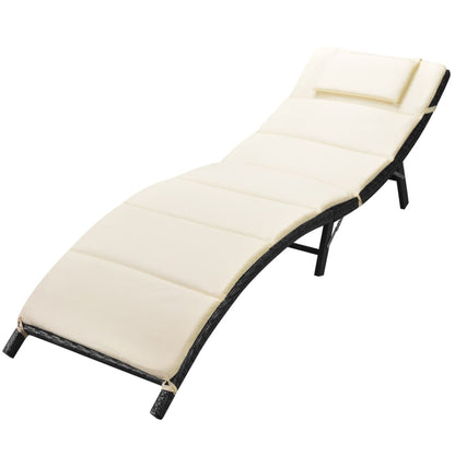 Folding Sun Lounger with Cushion Poly Rattan Black - 196×61×53cm