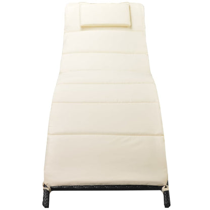 Folding Sun Lounger with Cushion Poly Rattan Black - 196×61×53cm