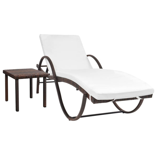  Sun Lounger with Cushion & Table Poly Rattan Brown