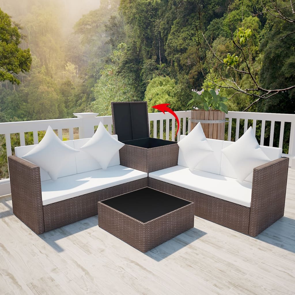 4 Piece Garden Lounge Set with Cushions Poly Rattan Brown - 56×56×30cm