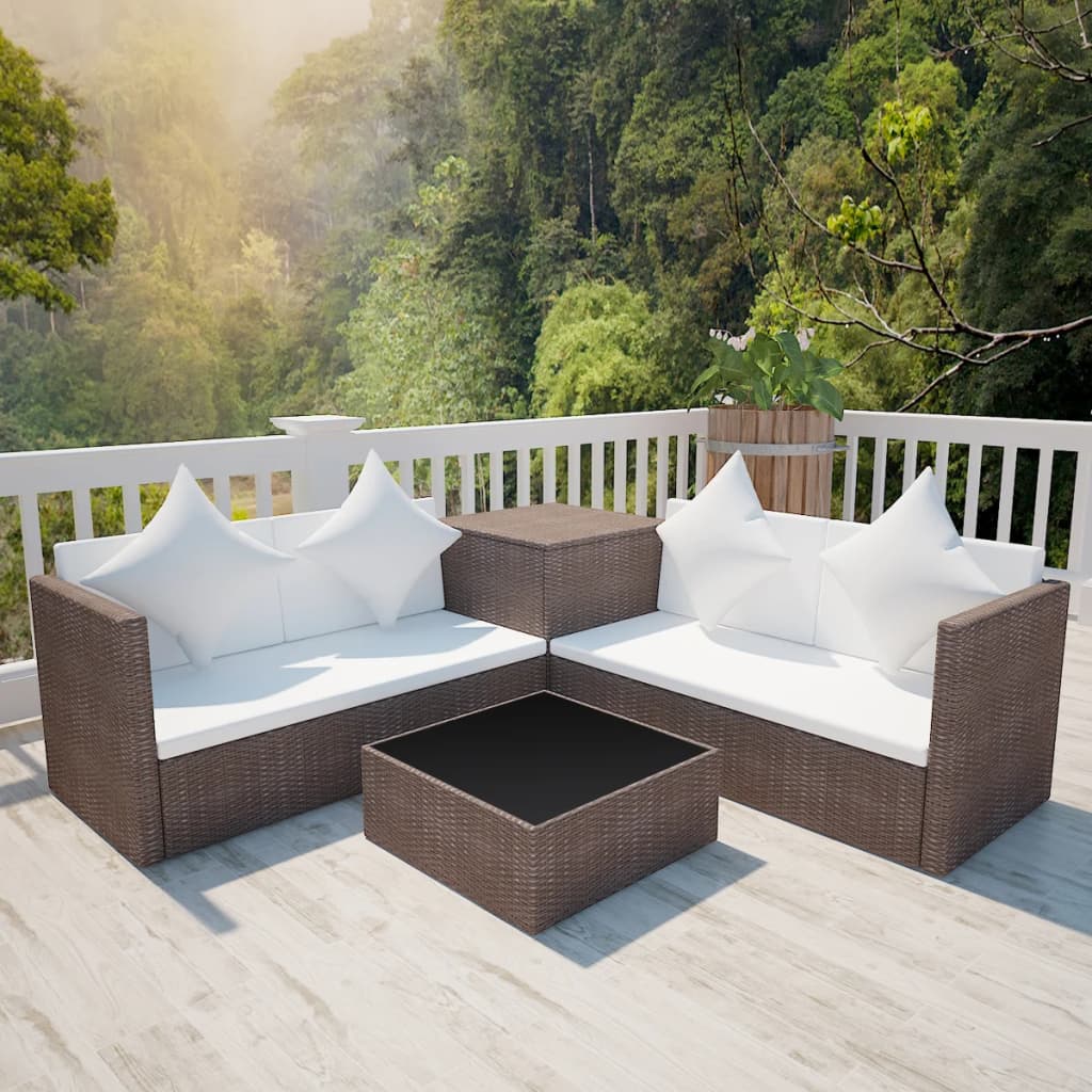 4 Piece Garden Lounge Set with Cushions Poly Rattan Brown - 56×56×30cm
