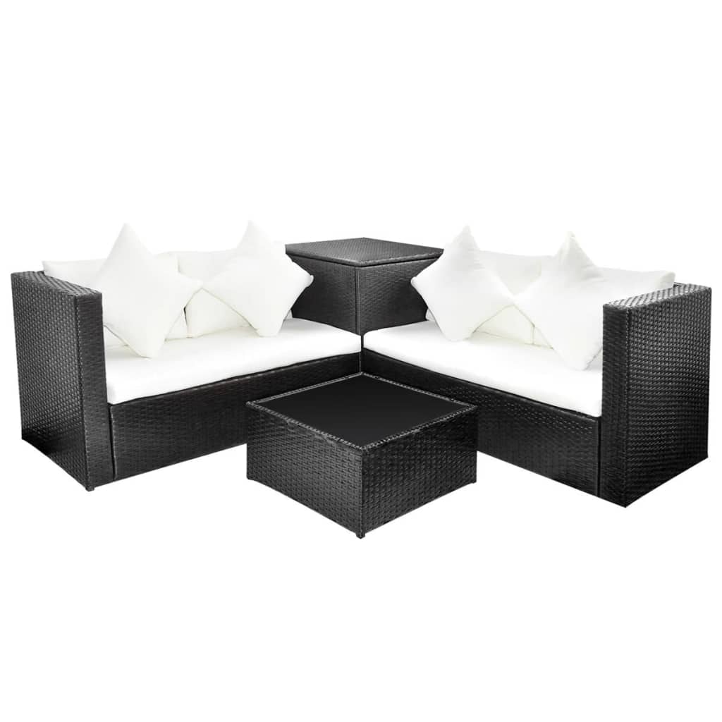 4 Piece Garden Lounge Set with Cushions Poly Rattan Black - 118×60×64cm