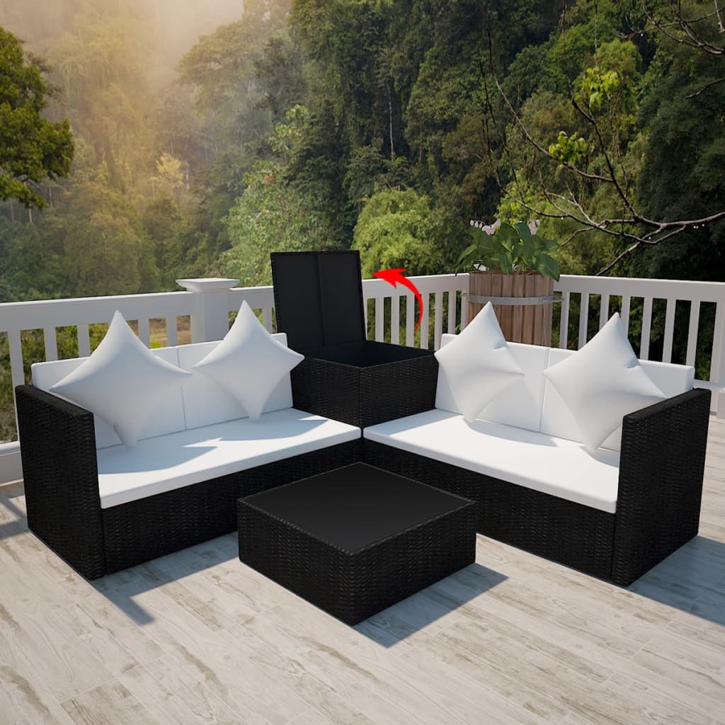 4 Piece Garden Lounge Set with Cushions Poly Rattan Black - 118×60×64cm