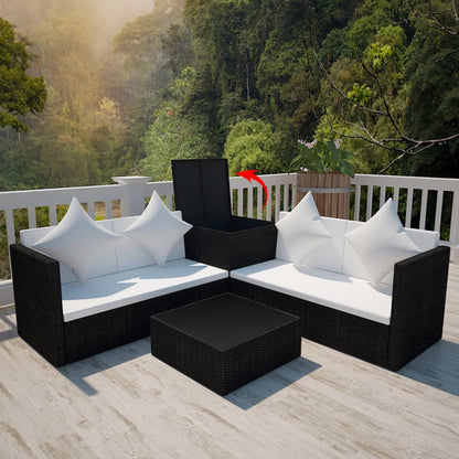 4 Piece Garden Lounge Set with Cushions Poly Rattan Black - 118×60×64cm