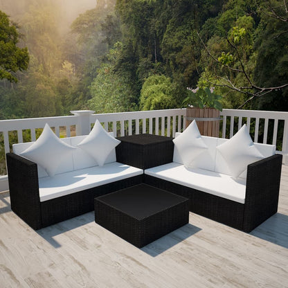 4 Piece Garden Lounge Set with Cushions Poly Rattan Black - 118×60×64cm