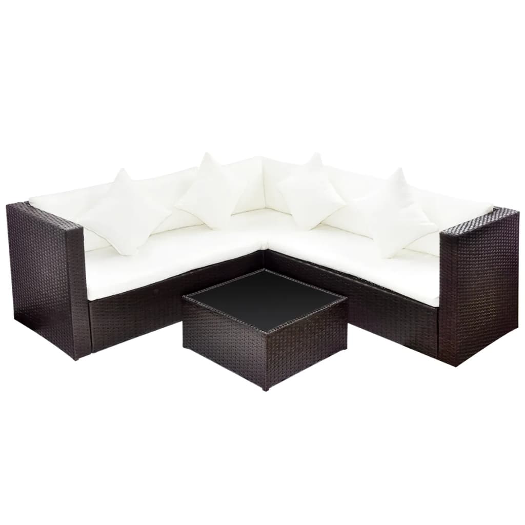 4 Piece Garden Lounge Set with Cushions Poly Rattan Brown - 118×60×64cm