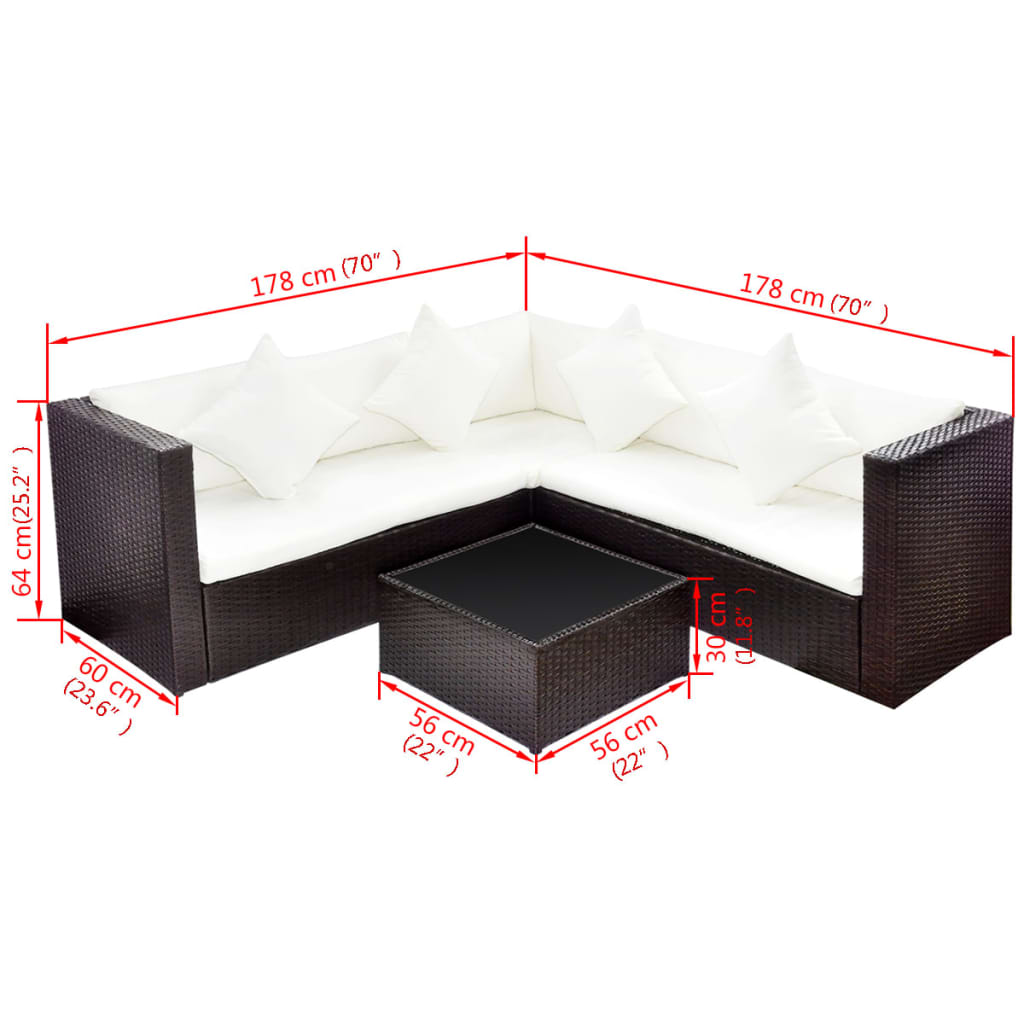 4 Piece Garden Lounge Set with Cushions Poly Rattan Brown - 118×60×64cm
