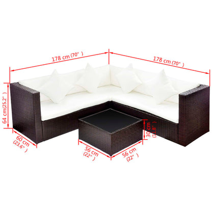 4 Piece Garden Lounge Set with Cushions Poly Rattan Brown - 118×60×64cm