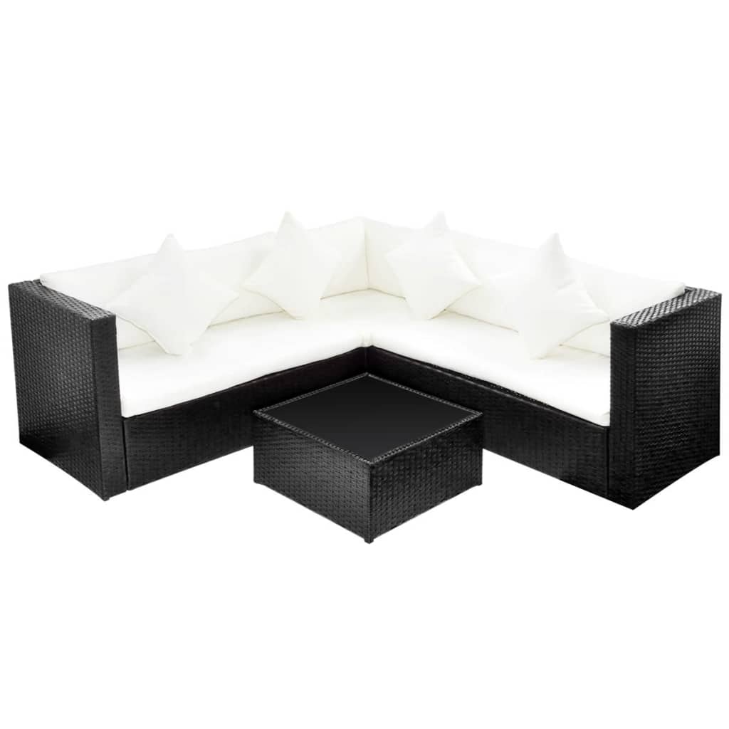 4 Piece Garden Lounge Set with Cushions Poly Rattan Black - 60×60×64cm